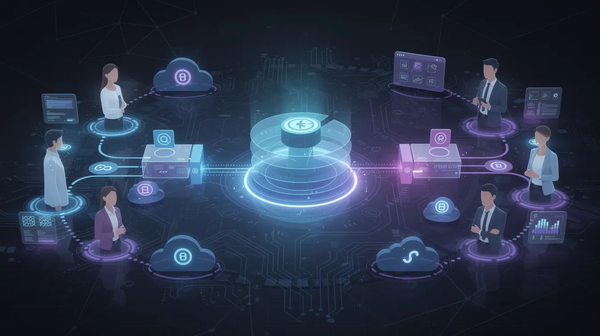 Isometric digital illustration of a central authentication hub connecting various user profiles and cloud icons, symbolizing Identity and Access Management (IAM) for organizations.