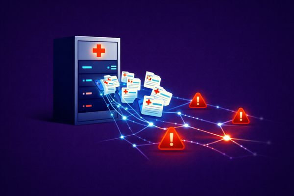 Digital visualization of a network of compromised ID cards, medical records, and red warning icons, representing the massive scale of a healthcare data breach.
