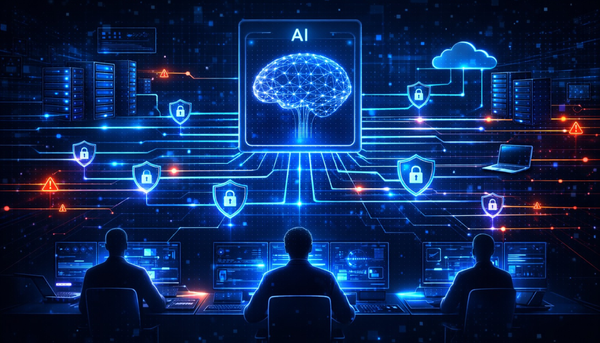 AI-powered cybersecurity operations center where analysts monitor automated threat detection across enterprise networks, servers, and cloud systems.