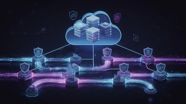 3D isometric illustration of a glowing blue cloud containing database servers, protected by shield icons and secure data pipelines, representing cloud infrastructure security.