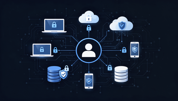 A central user icon connects to a network of laptops, clouds, smartphones, and databases. Each endpoint features a shield or padlock icon, illustrating identity and access management.