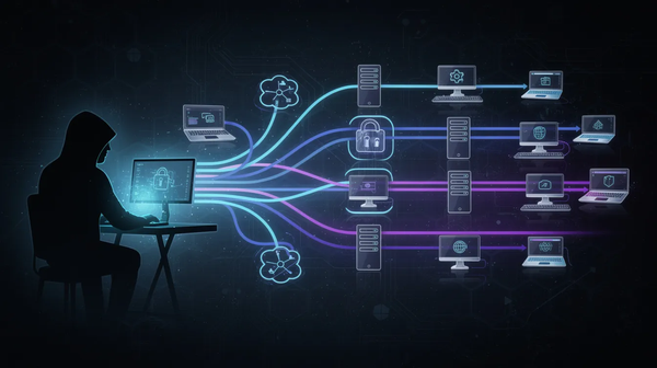 Digital visualization of a cyber attacker moving horizontally across an interconnected server network, symbolized by red paths and glowing node transitions.