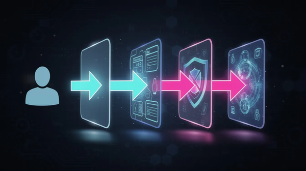 Isometric digital visualization showing a standard user profile ascending a glowing blue staircase to transform into a high-level administrator with a golden key and shield icon.