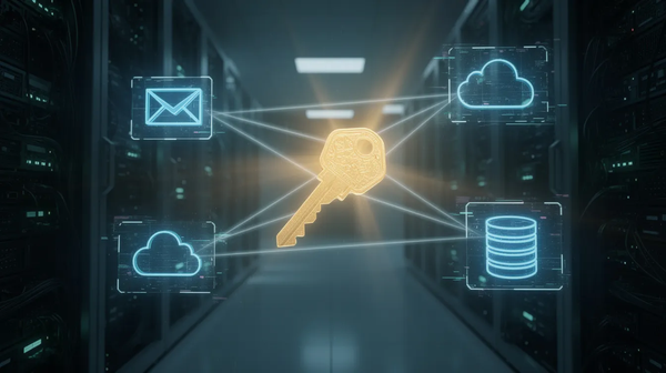 A glowing golden key in a server room connected by light beams to icons for email, cloud, and databases, representing Single Sign-On (SSO) providing centralized access to multiple systems.
