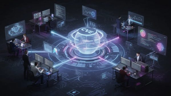 Horizontal illustration of a global cybersecurity vulnerability tracking system with software linked to a central CVE database, as researchers analyze threats on a dark cyber grid.