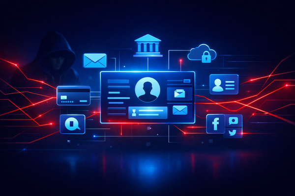 Cybersecurity illustration of a user account dashboard under attack, with red digital threads infiltrating connected financial, email, and social media accounts.