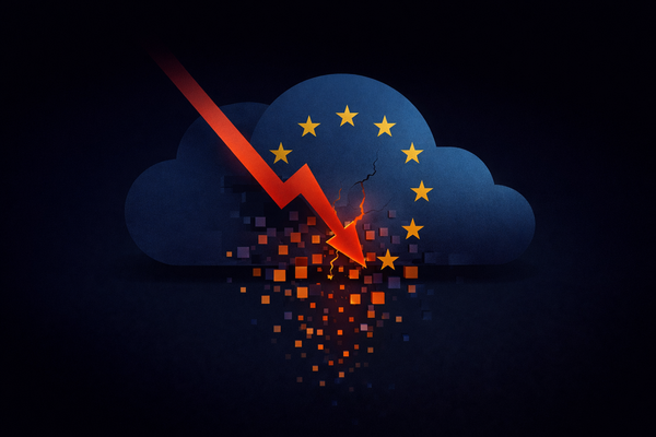 EU data breach illustration showing a cloud shaped like the EU flag pierced by a cyberattack, with data fragments spilling out to represent exfiltration from a compromised system.
