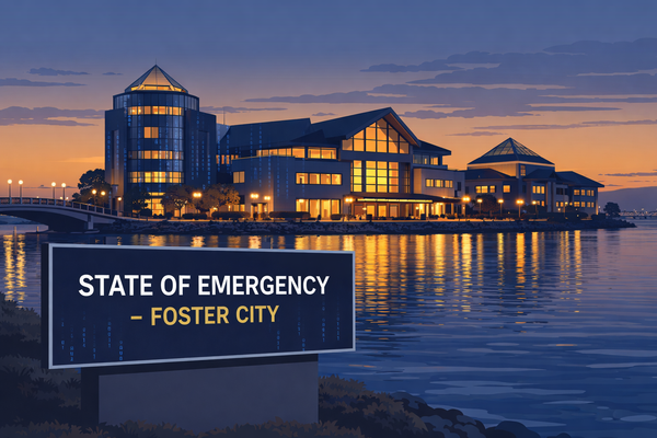 Illustration of Foster City's waterfront buildings and City Hall at dusk, with a prominent sign reading 'State of Emergency - Foster City,' representing a ransomware attack's impact.