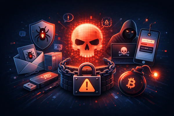 Editorial cover with a red digital skull and hacker surrounded by icons of malware, phishing emails, ransomware, and a Bitcoin bomb, representing the 2026 cyber threat landscape.