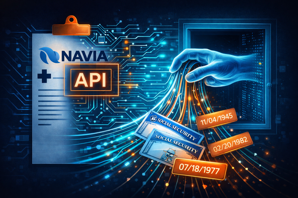 Editorial illustration of an API breach. A digital hand extracts Social Security cards and birth dates from a network vault labeled "Navia API."