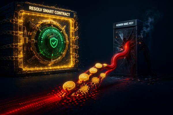 Editorial illustration of a secure gold vault labeled Resolv Smart Contract, while a red data stream breaches a cracked Admin KMS Key server to steal USR tokens, symbolizing the DeFi hack.