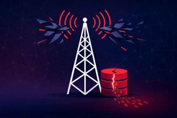 Telecommunications tower emitting signals disrupted by cyberattack, with a cracked database leaking data, illustrating network breach and infrastructure vulnerability.