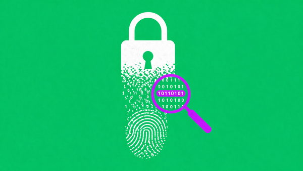 Minimalist vector art of a WhatsApp padlock leaking data onto a fingerprint icon on a teal green background.