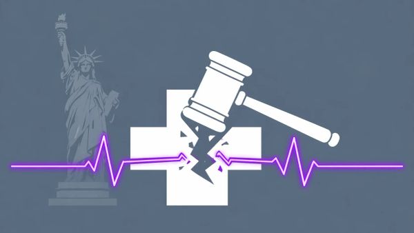 A gavel striking a hospital cross on a slate grey background. A purple heartbeat line is smashed by the impact, with a Statue of Liberty silhouette.