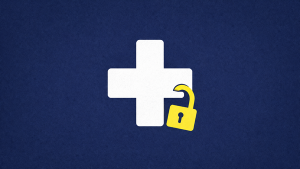 Flat vector art on a textured navy background. A white medical cross icon is center-stage with an electric yellow padlock shown half-open, symbolizing a healthcare security breach.