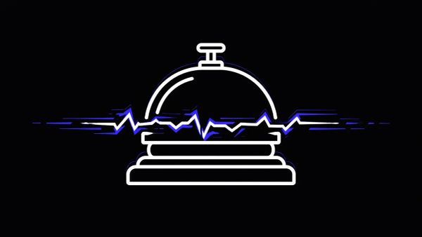 A minimalist white line art hotel bell icon on a charcoal obsidian background with electric indigo accents.