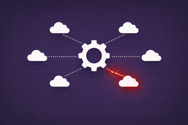 Minimalist vector art of a gear icon connected to cloud icons, with a broken red connection link representing the Anodot supply chain breach.