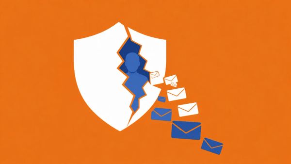 Minimalist vector: A cracked white shield with a "muted" or "unmasked" figure behind it, representing the loss of anonymity.