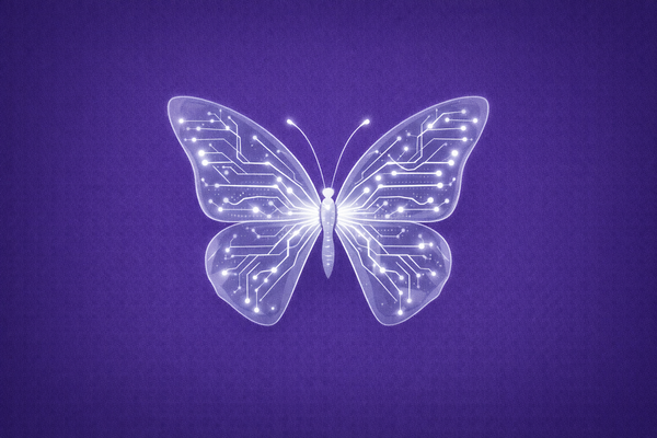 Editorial illustration of a translucent butterfly with circuit-patterned wings on a purple background, symbolizing Anthropic’s Mythos model and Project Glasswing.