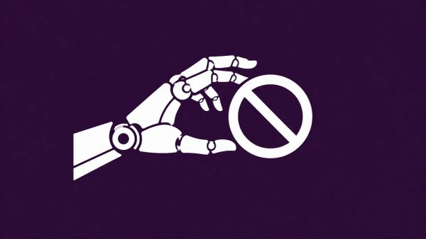 Minimalist white line art of an anthropomorphic robotic hand holding a glowing white "forbidden" sign icon, on a solid deep purple background.