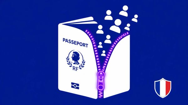 Minimalist vector art of a French passport being unzipped on a royal blue background.