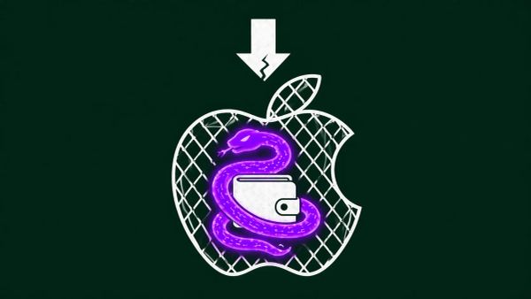 Minimalist vector art of a purple digital snake inside a caged Apple logo on a forest green background.