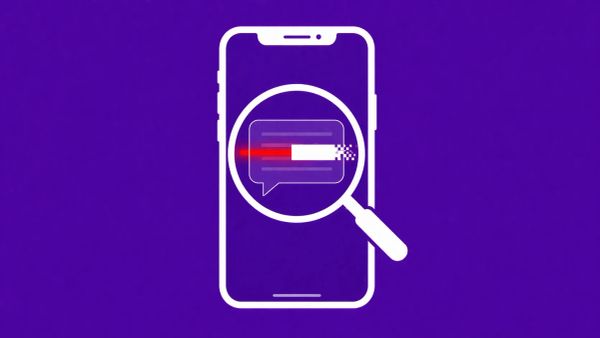 Minimalist white line art iPhone on a royal purple background. A magnifying glass focuses on a speech bubble as a red "deleted" strikethrough is partially redacted.