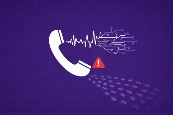 Minimalist vector art of a telephone and digital voice waves on a purple background, representing AI-driven vishing.