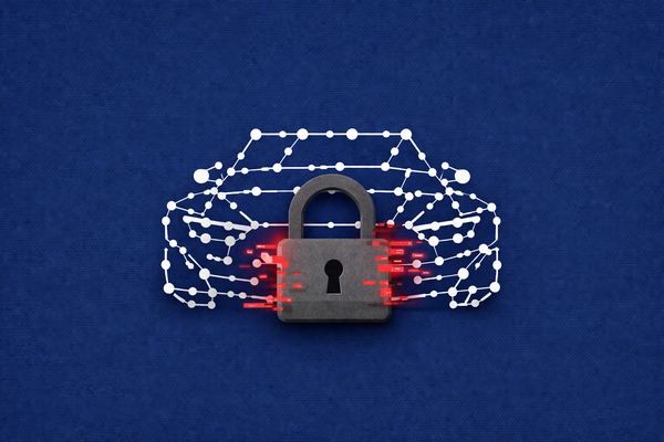 Minimalist vector art of a car silhouette locked with a padlock on a crimson background, representing the Autovista ransomware attack.