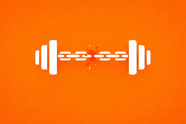 Minimalist vector art of a white dumbbell icon with a broken red chain link on an orange background, representing the Basic-Fit data breach.