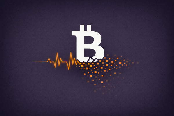 Flat vector illustration on a deep slate background. A white Bitcoin icon is fractured at the bottom, with a vibrant orange electronic pulse and digital pixels leaking out.