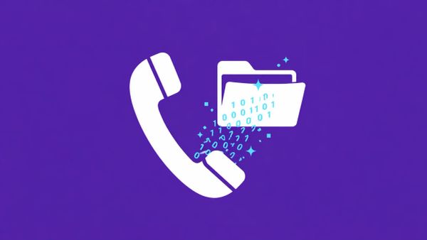 Minimalist vector on deep purple background: A silhouette of a telephone handset with a digital file folder leaking binary data.