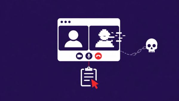 Fake video call window with one glitching AI-generated participant tile and a clipboard payload icon, representing BlueNoroff's deepfake Zoom lure targeting Web3 cryptocurrency firms.