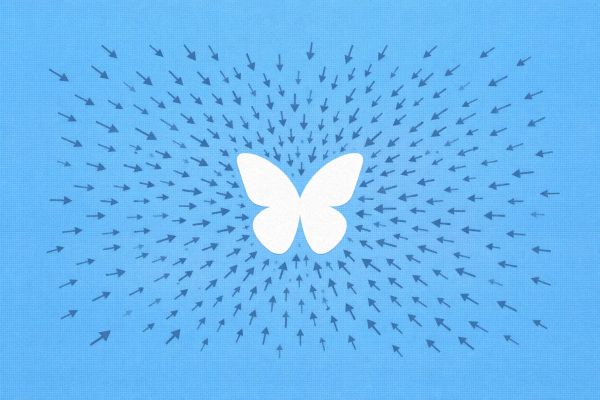 Minimalist vector art of a butterfly swarmed by arrows on a sky blue background, representing the Bluesky DDoS attack.