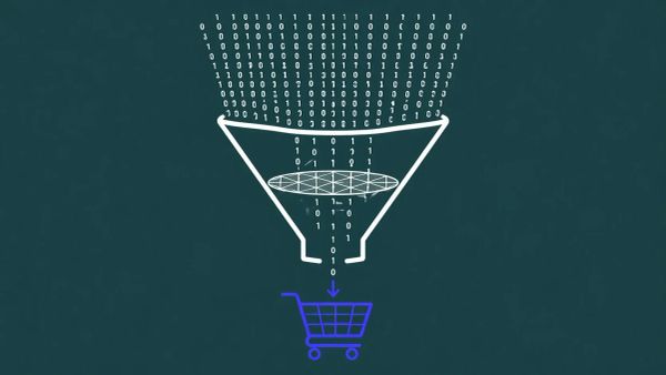 A minimalist white line art shopping cart icon on a deep Prussian blue background with electric indigo accents.