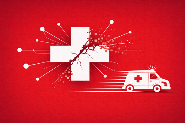 Flat vector illustration on a red background. A fractured white medical cross is split by a digital glitch as an ambulance drives away. Interconnected network lines break and fade.
