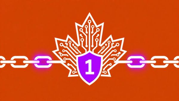 Minimalist vector art of a Canadian maple leaf protected by a purple Level 1 shield on a burnt orange background.