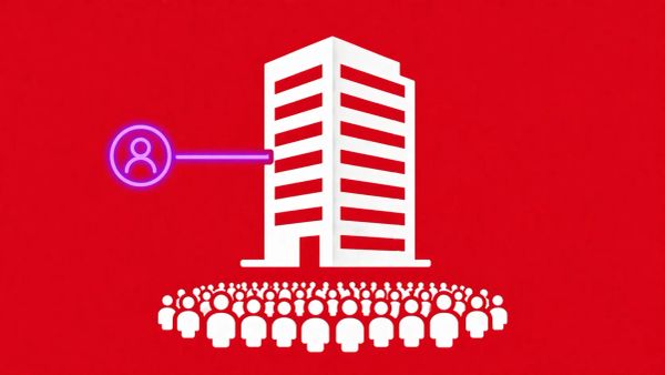 Minimalist flat vector illustration: a white office tower icon with a neon purple user profile icon entering through a side gap on a red background.