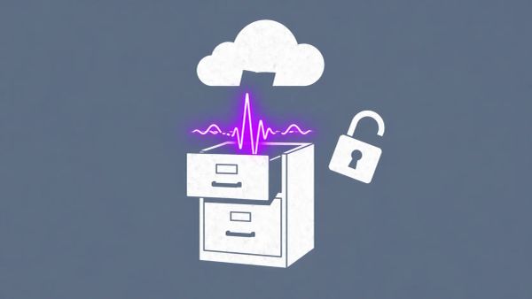 Minimalist vector art of a filing cabinet leaking purple data signals, representing unencrypted legacy FTP exposure.