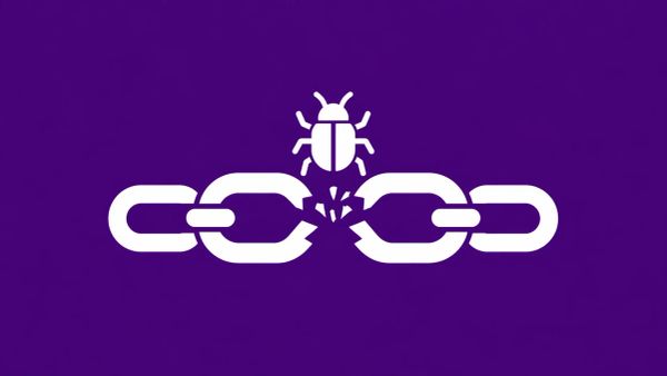 Minimalist white line art of a broken link in a chain with a white "bug" icon emerging from the gap, overlaid on a solid deep purple background.