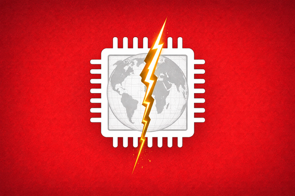 Flat vector illustration on a deep red background. A white silicon chip icon with a grey globe overlay is split down the middle by a sharp electric yellow crack.