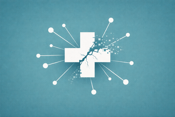 Editorial illustration of a central medical cross with breaking connection lines to surrounding nodes, symbolizing the ChipSoft ransomware attack and healthcare supply chain disruption.