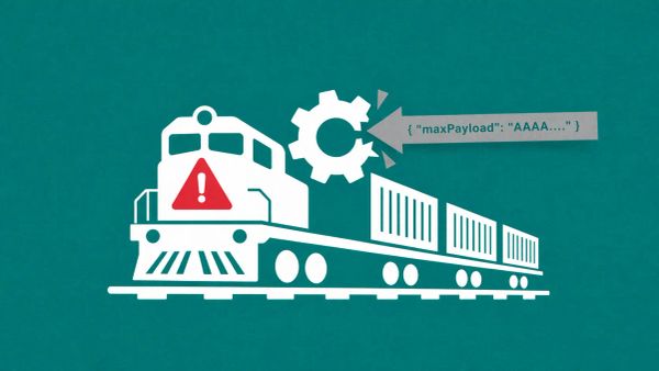 Minimalist vector art of a freight train with a hazard icon on a teal background, representing the ActiveMQ vulnerability.