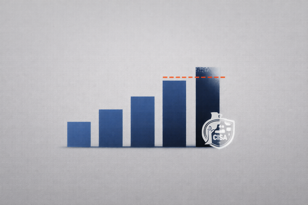 Editorial illustration of a budget bar graph with a section being cut by a red line next to a CISA logo silhouette, representing the proposed $707 million funding reduction for the agency.