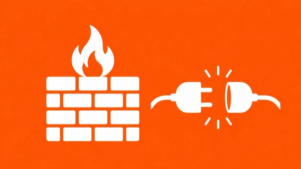 Minimalist white line art of a firewall icon (a wall with a fire flame) with a white "power plug" icon disconnected, overlaid on a solid safety orange background.