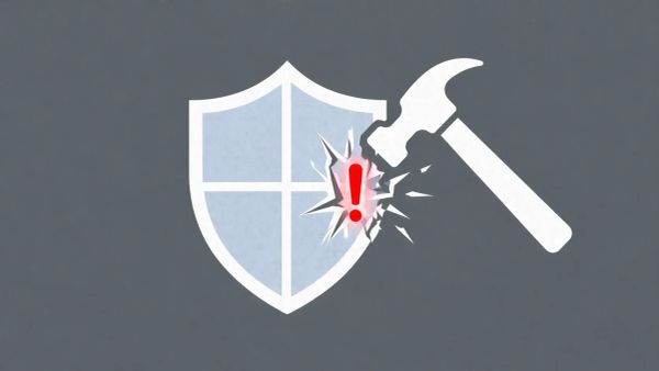 Minimalist white line art diagram of a hammer striking a blue shield icon, with a red exclamation point appearing in the impact zone, on a solid steel grey background.