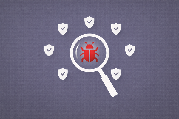 Minimalist vector art of a magnifying glass focusing on a red bug icon, representing the CISA KEV update.
