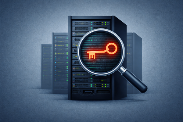 Editorial illustration of a server rack being inspected by a magnifying glass that reveals a red skeleton key within the code, symbolizing the source code theft at Cisco via a scanner flaw.