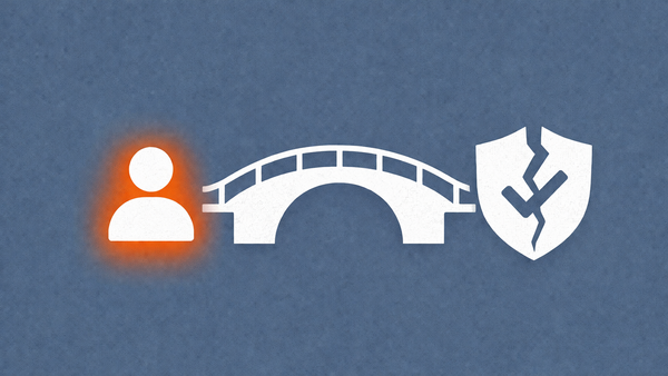 Minimalist vector art of a cracked shield and a network bridge on a slate blue background, representing the Cisco identity security patches.