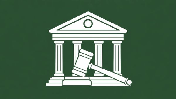 Minimalist white line art of a marble bank building with a large white gavel leaning against the front pillars, on a solid hunter green background.